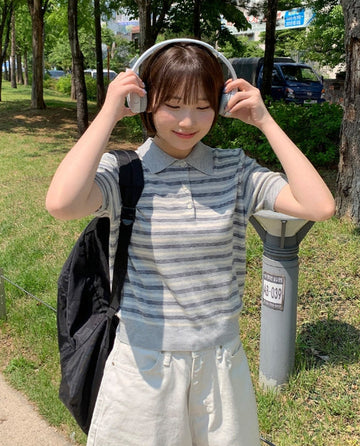 Totree Summer Stripe Collar Short-Sleeved Knit